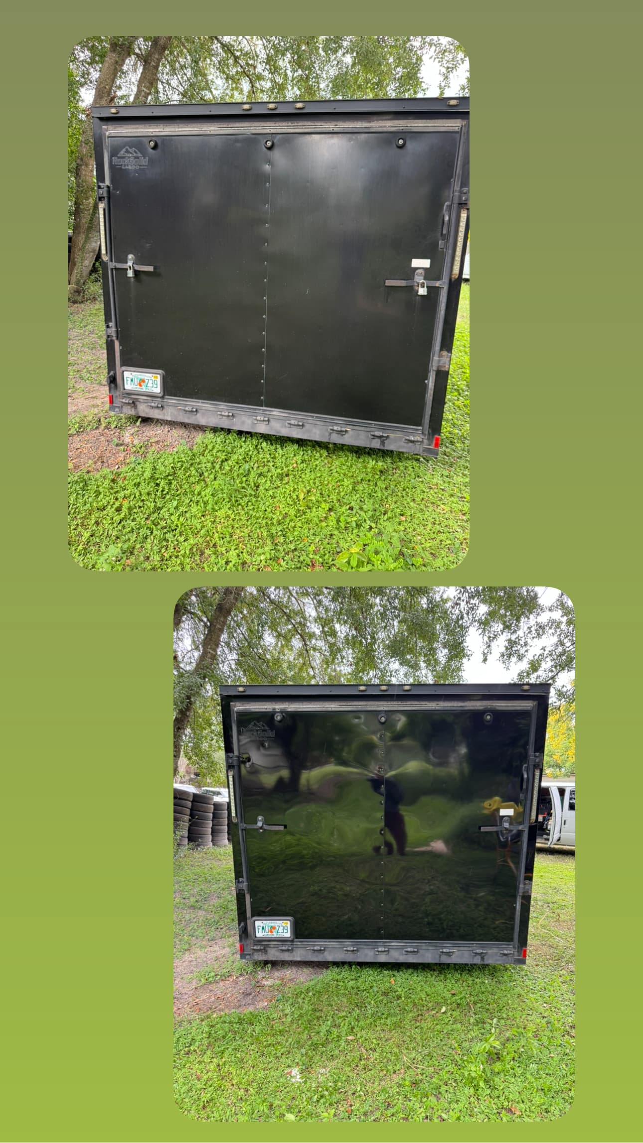 Before-and-after view of a black enclosed trailer exterior